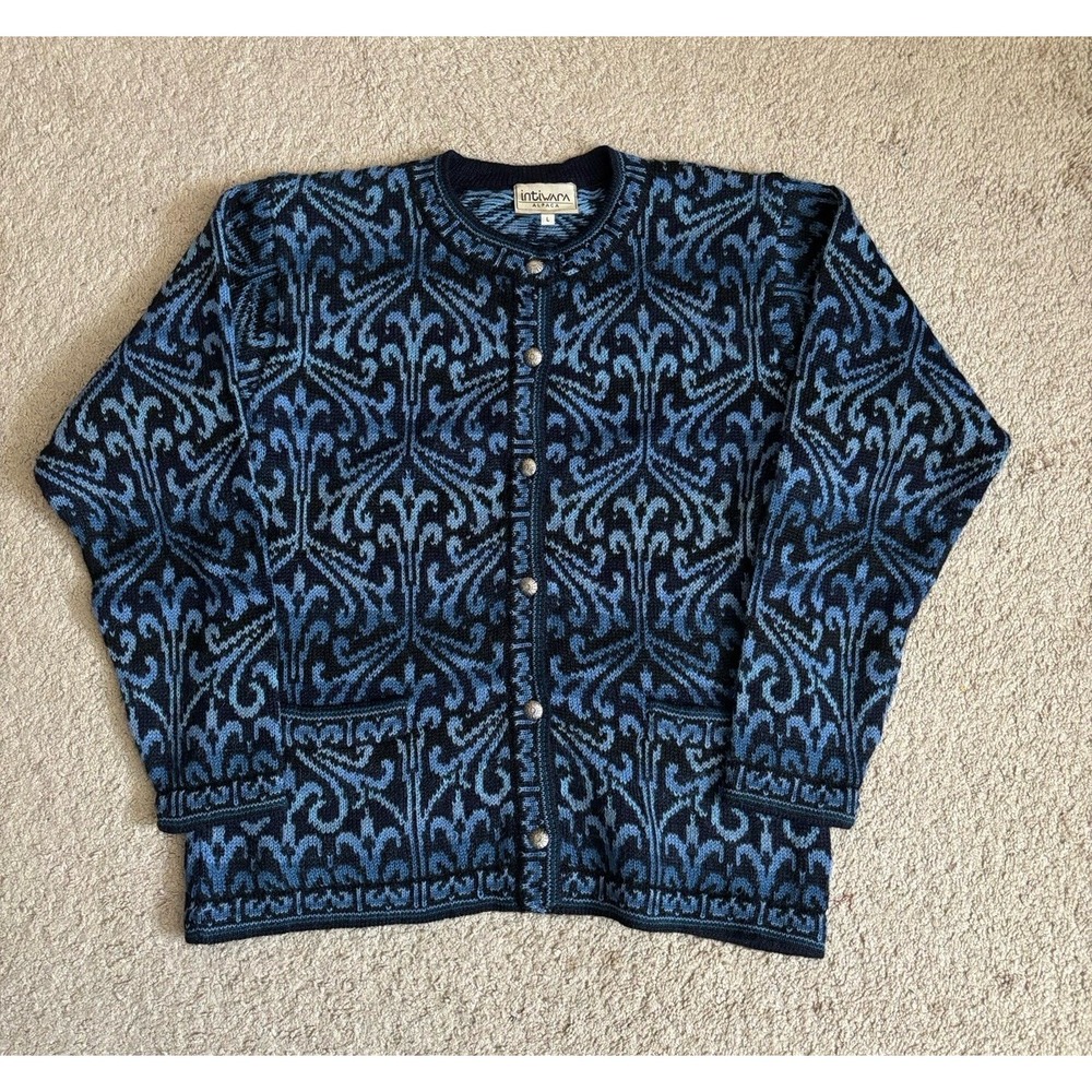 Intiwara Alpaca Cardigan Sweater Size Large Blue Pockets Handmade Bolivia *Flaw